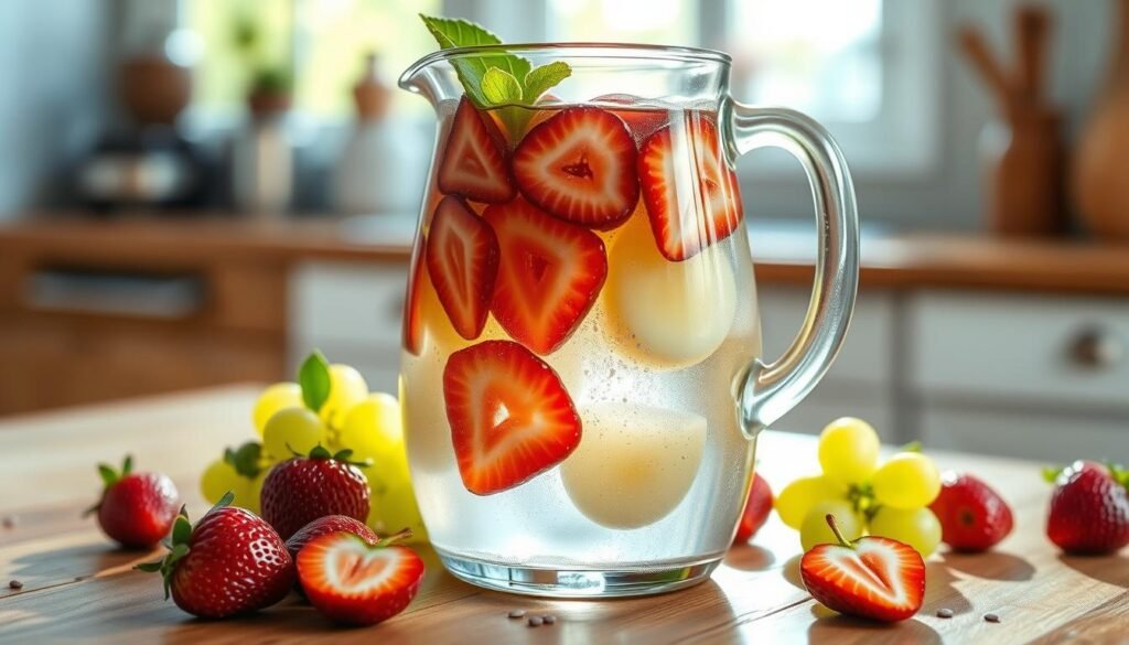 A beautifully arranged glass pitcher filled with refreshing detox water, featuring vibrant slices of fresh strawberries and plump green grapes, garnished with a sprinkle of chia seeds. The pitcher sits on a rustic wooden table, surrounded by a few whole strawberries and grapes scattered artfully. A soft focus on the background reveals a sunlit kitchen, with gentle natural lighting illuminating the scene, creating a warm and inviting atmosphere. The angle captures a close-up view of the water's surface, showcasing the colorful fruits and seeds, emphasizing the layers of flavors. The mood is fresh and revitalizing, suitable for a health-conscious audience, highlighting the appeal of a detox drink perfect for reducing belly bloat and promoting well-being.