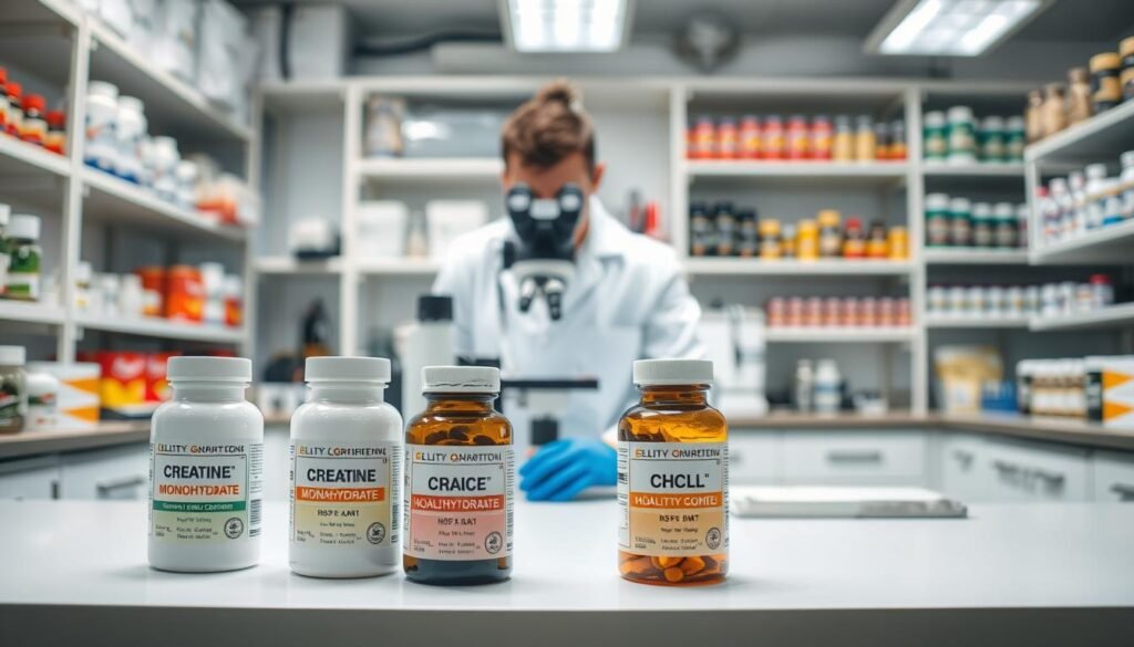 A professional quality control laboratory setting with a focus on product certification for dietary supplements. In the foreground, a table displays bottles of creatine monohydrate and HCL, each labeled with certification seals. In the middle, a scientist in a white lab coat examines a sample under a microscope, showcasing the meticulous nature of quality control. The background features shelves with laboratory equipment and shelves filled with various supplement products. Soft, natural lighting illuminates the scene, creating a clean and trustworthy atmosphere. The camera angle is slightly elevated, allowing a comprehensive view of the workspace, emphasizing precision and professionalism in quality control processes.