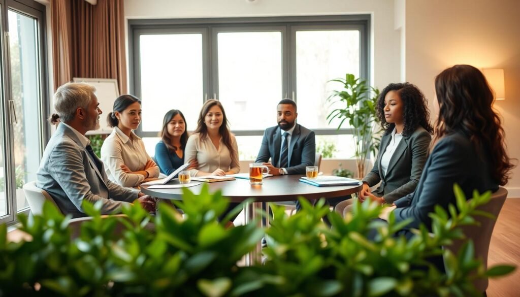 A serene and inviting workspace scene focused on relaxation techniques for managing financial anxiety. In the foreground, a diverse group of individuals in professional business attire, sitting calmly at a round table. They are engaged in a mindfulness discussion, surrounded by notebooks and calming herbal teas. In the middle ground, soft green plants add a touch of nature, symbolizing growth and tranquility. The background features a large window that lets in warm, soft natural light, creating a peaceful atmosphere. The overall mood is calming and positive, encouraging mental well-being amidst financial struggles. Focus on warm colors and soft shadows to enhance the soothing vibe, ensuring a professional yet approachable setting.