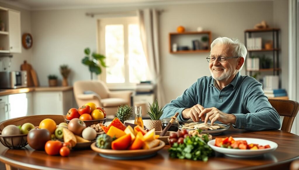 A serene indoor setting featuring a well-equipped kitchen and dining area, showcasing a balanced meal for seniors consisting of colorful fruits, vegetables, whole grains, and lean proteins on a beautifully set table. In the foreground, an elderly couple, dressed in modest casual clothing, is smiling and sharing a meal, embodying companionship and joy. In the middle, a cozy armchair and a stack of books suggest a relaxing atmosphere, hinting at quality sleep and recovery. The background has soft natural light filtering through a window, illuminating the room, enhancing the warm and inviting ambiance. The scene conveys a sense of health, vitality, and the joy of balanced nutrition and restful recovery for active seniors.