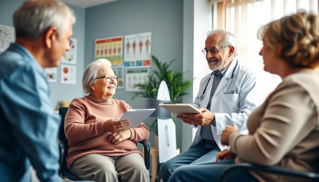 A warm and inviting scene in a well-lit doctor's office, focusing on an elderly couple during a routine health check-up. In the foreground, the elderly couple, dressed in modest casual clothing, are seated next to each other, displaying a sense of comfort and companionship. The middle of the image features a friendly healthcare professional, wearing a lab coat and holding a clipboard, discussing important health information with them. In the background, various health posters adorn the walls, and a potted plant adds a touch of greenery. The lighting is soft and natural, creating a calm and reassuring atmosphere, emphasizing the importance of regular health check-ups for an active and happy aging lifestyle. The angle captures both the interaction and the caring environment.