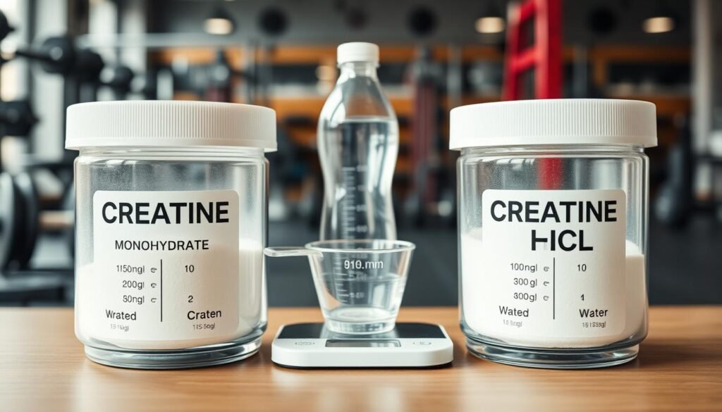 A well-organized flat lay image depicting the recommended dosages of creatine monohydrate and creatine HCL. In the foreground, display two transparent containers labeled with respective creatine types, each filled with a precise amount of powder. Include a digital scale showing measurements nearby. In the middle, place a measuring spoon and a water bottle, emphasizing proper consumption methods. In the background, softly blurred, include elements like a gym setting, weights, and fitness equipment to create an athletic atmosphere. The lighting should be bright and natural, giving a fresh and clean feel to the image, with a focus on clarity and detail viewing from a top-down angle.