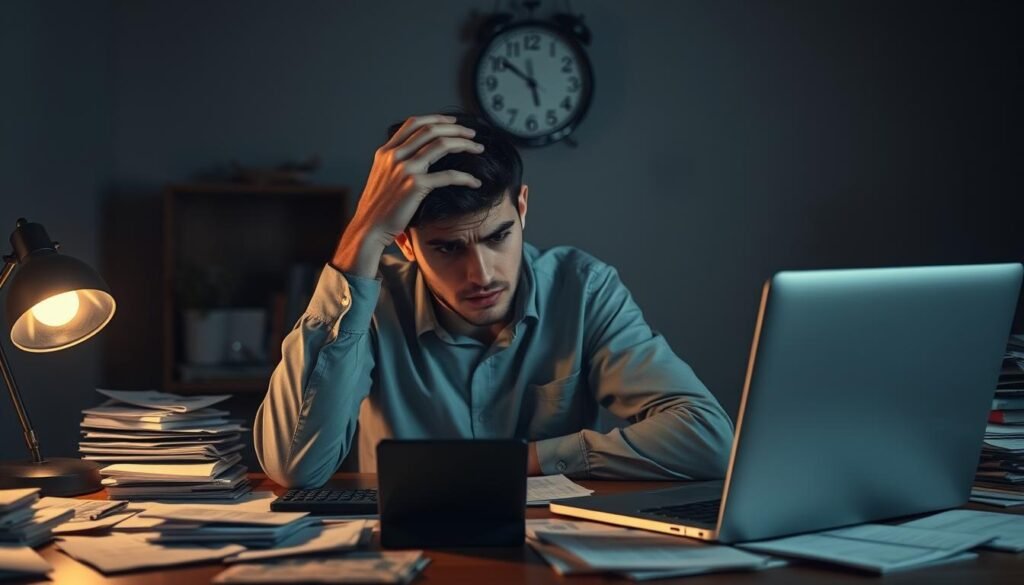 A worried individual sits at a cluttered desk, surrounded by bills and financial documents. Their expression shows stress as they hold their head in one hand, with a calculator and a laptop open in front of them. A dimly lit room creates a somber atmosphere, with shadows playing off the walls, hinting at the weight of their financial anxiety. In the background, a clock ticks ominously, emphasizing the tension of time running out. The foreground captures the person in a modest, professional outfit, reflecting their serious situation. Soft, warm lighting from a small desk lamp contrasts with the cold light of the laptop, highlighting the emotional struggle. The composition focuses on the individual’s anxious demeanor, effectively conveying the challenges of financial worries.