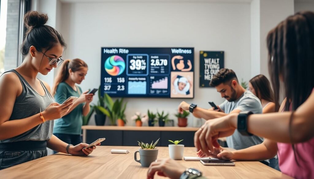 A sleek, modern digital workspace featuring a diverse group of individuals engaged in healthy activities using various fitness and health apps on smartphones and smartwatches. In the foreground, a woman in casual athletic wear checks her hydration app, while a man nearby monitors his heart rate on a smartwatch. The middle ground showcases a large digital screen displaying health statistics and motivational graphics. In the background, there are potted plants and inspirational posters promoting wellness. Soft, natural lighting flows in through a window, enhancing the optimistic atmosphere. The scene conveys a sense of empowerment and connection through technology, emphasizing the benefits of a digital healthy lifestyle.